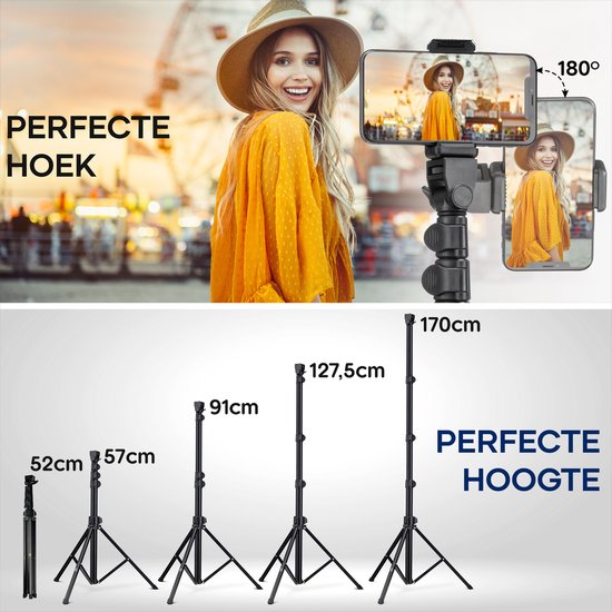 Studio ME Telefoon Statief - 170 cm - Tripod Smartphone - Zwart - Camera Statief - Telefoonhouder - Incl. Bluetooth Afstandsbediening - Tripod Iphone - Statief Telefoon