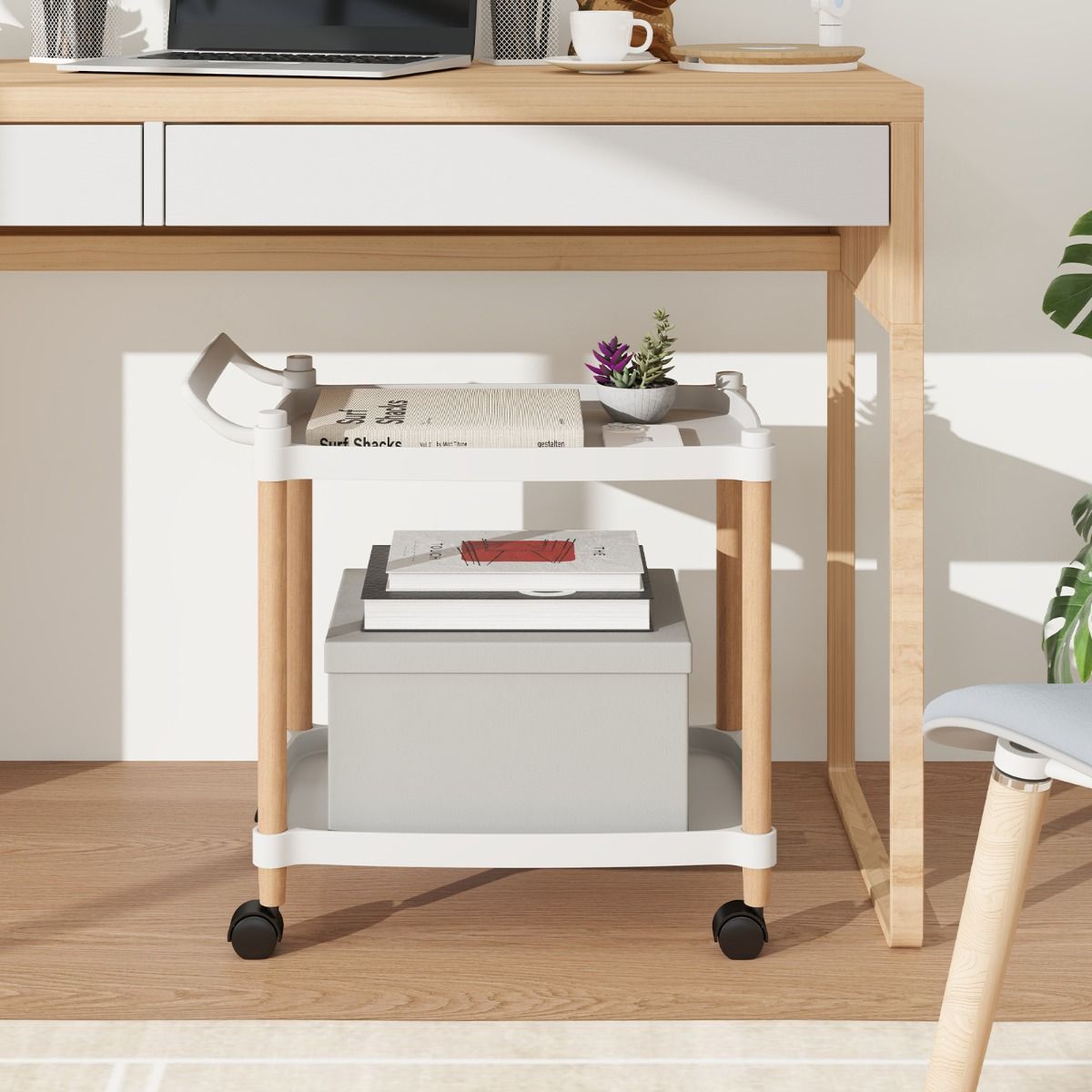 Coast Opbergwagen met 2 Lagen - Vergrendelbare Wielen - Beukenhouten Frame - Wit 52,5 x 33,5 x 50 cm