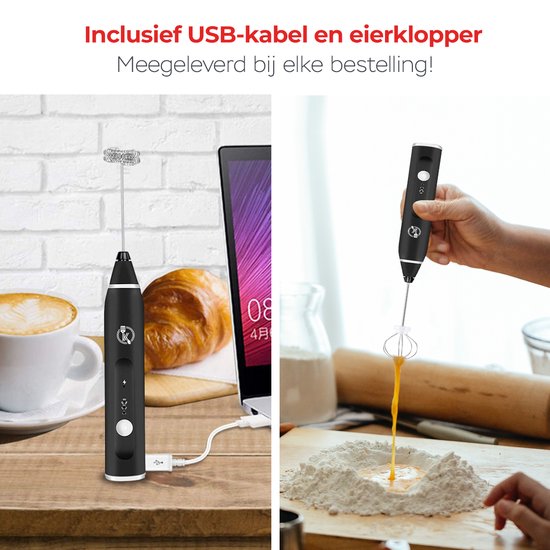 Kitchenwell Elektrische Melkopschuimer - Melkopschuimer handmatig - Melkopklopper - 3 snelheden - Zwart