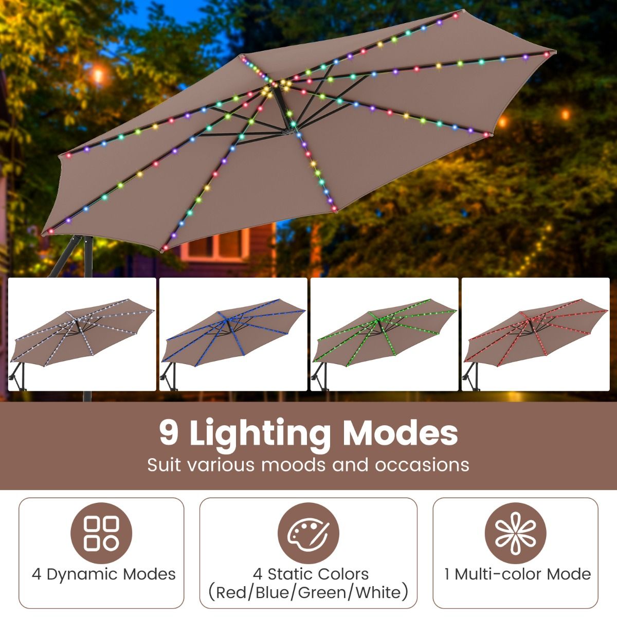 Coast Zweefparasol met LED-verlichting - 9 verlichtingsmodi - met zandzakken en slinger - bruin - 300 x 260 cm