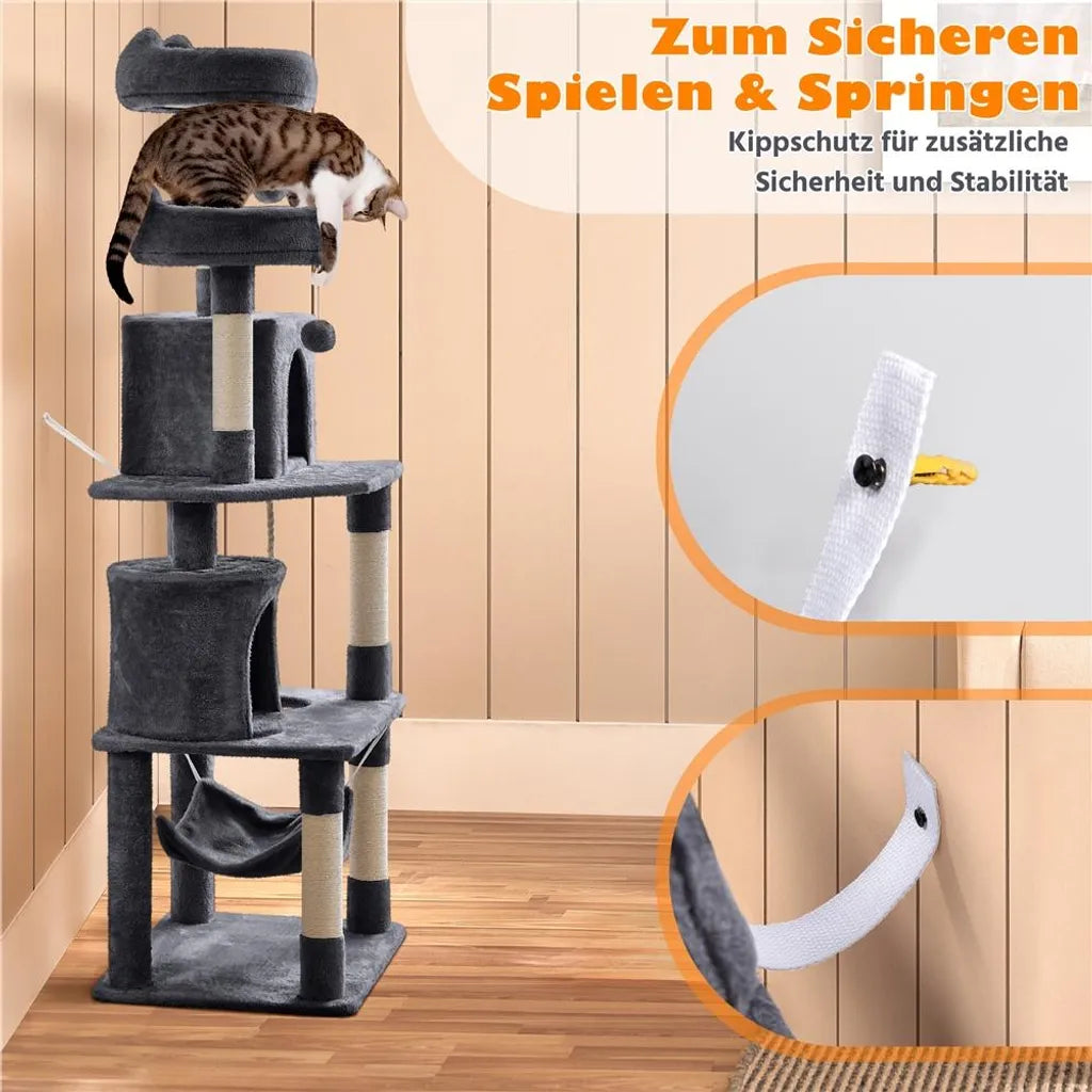 Yaheetech Krabpaal 181 cm – Donkergrijs – 60,5 x 48,5 x 181 cm – Met 2 Kattenhuizen, 2 Platforms en 5 Sisalpalen