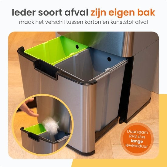 Goliving Automatische Prullenbak Afvalscheiding 64 Liter – Sensor Afvalbak – Handsfree sensor – Afvalemmers – Vuilnisbak voor Binnen – RVS – 40L + 2x12L + 8L – Zilver