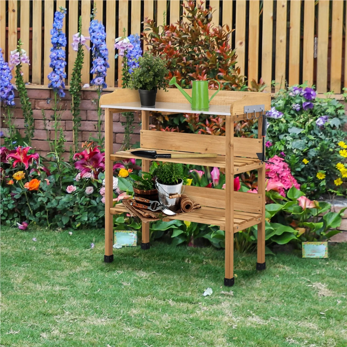 Planttafel voor Buiten met Gegalvaniseerd Werkblad 3 Planken en 3 Haken Houtkleur
