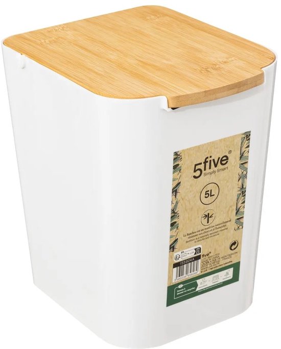 5Five prullenbak/vuilnisbak - 5 liter - bamboe - wit/lichtbruin - 24 x 19 cm - badkamer afvalbak
