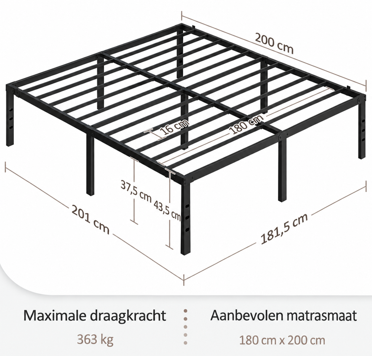 Yaheetech Metalen Tweepersoonsbed - Zwart - 201 x 181 x 41,5 cm - Matras 180 x 200 cm, Met Lattenbodem