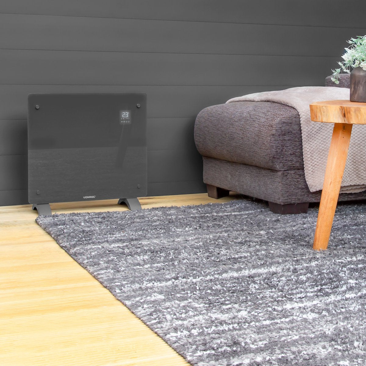VONROC Luxe Elektrische Convectorkachel met Glazen Paneel – 500W/1000W – Wifi & Handmatige Bediening – Instelbare Thermostaat en Timer – Verwarmt tot 12m² – Grijs