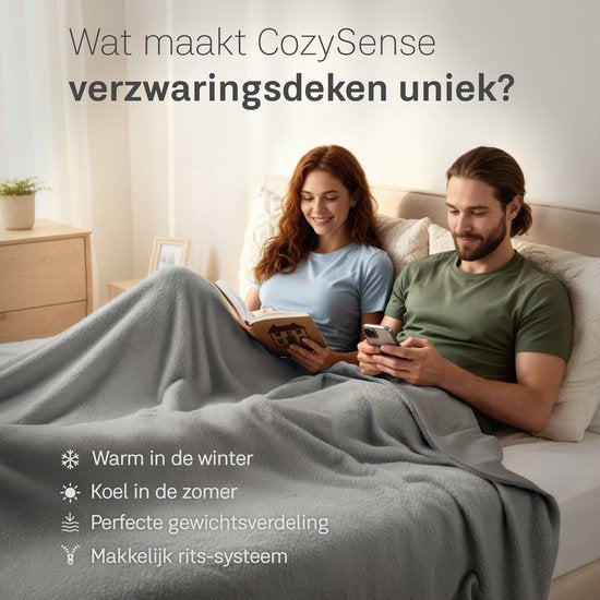 CozySense® Verzwaringsdeken 11 kg - 2-persoons - Weighted Blanket - Zwaartedeken met GLASS-Flow® Drukverdeling - Inclusief Wasbare Hoes - 200x200 cm - Grijs