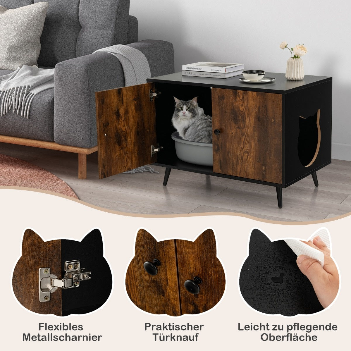 Coast Cat Cabinet Cat Toilet Cat House met dubbele deuren en ingang 80 x 50 x 57 cm zwart + Natuur