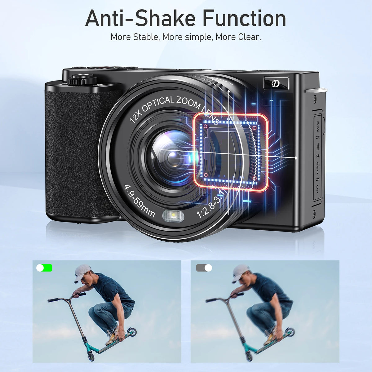 <KOMERY W6 Digitale Camera – 64 MP – 4K Ultra HD – 12x Optische Zoom – Wifi – Autofocus – Zwart