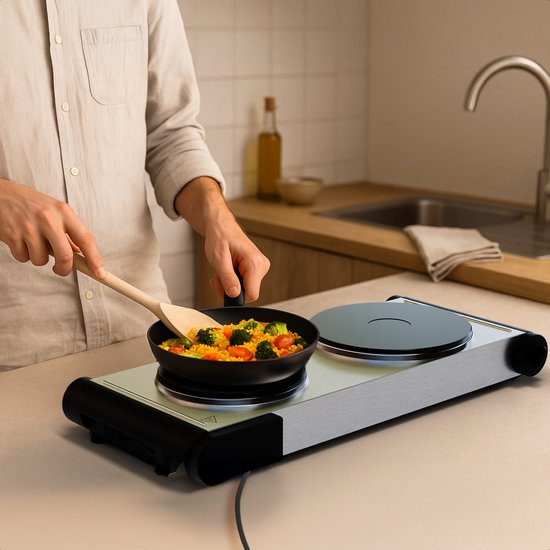 KitchenBrothers Elektrische Kookplaat - 2 Pits - Vrijstaand - 7 temperatuurstanden - 1500W + 1000W - RVS/Zwart