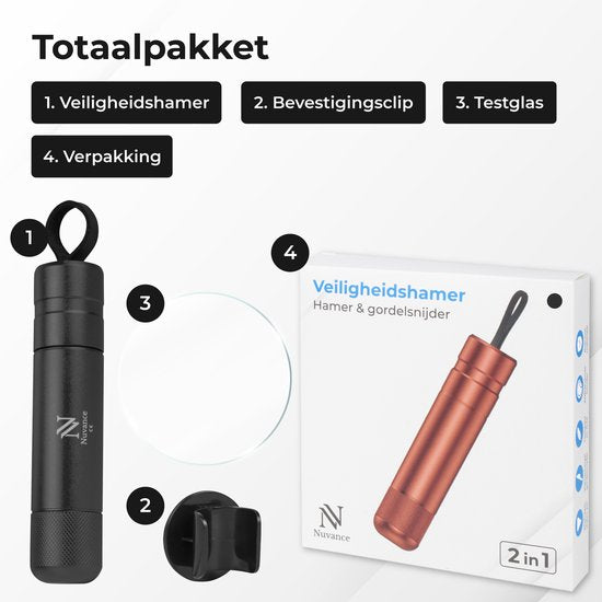 Nuvance Veiligheidshamer - Noodhamer - Incl. Zelfklevende Houder en Testglas - Gordelsnijder - Auto Hamer - Veilig Onderweg - Zwart