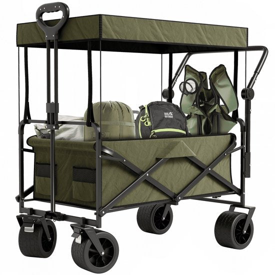 Avalo Bolderkar Met Dak XL Opvouwbaar - Tot 110KG Draagvermogen - 120L - 97x60x105 CM - 360º Wielen - Bolderwagen / Bolderkarren / Strandkar / Trekkar / Plooibare Bolderkar - Voor Strand - Groen