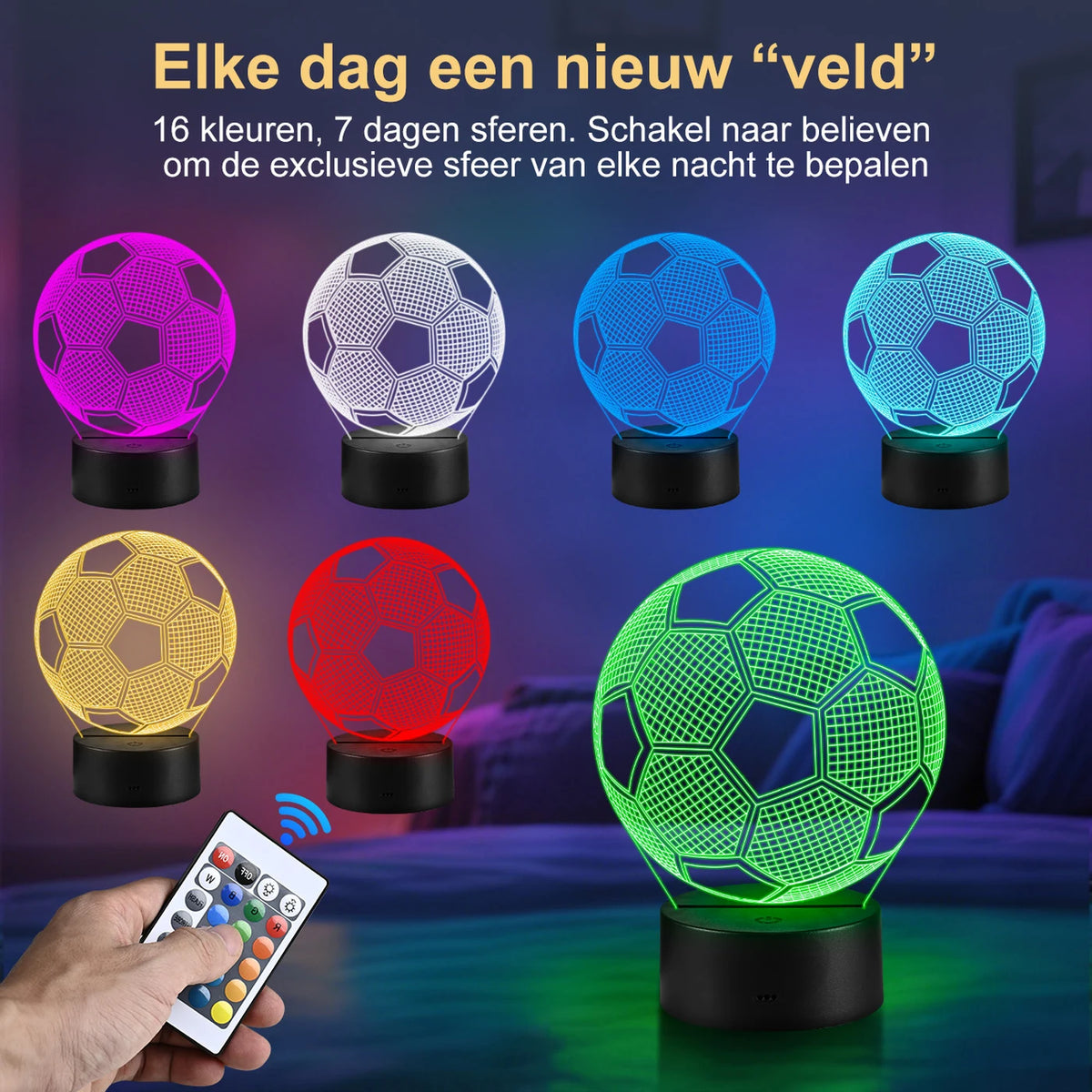 VIVREAL 3D LED Voetbal Nachtlampje - 15 x 17,5 cm - 16 Kleuren, Afstandsbediening, Touch