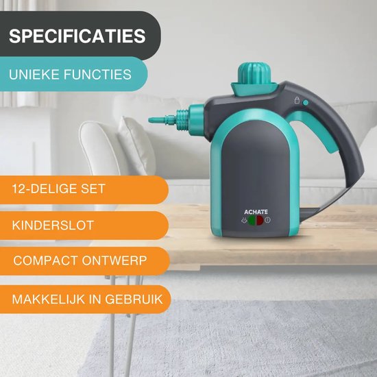 Achaté Handstoomreiniger – 12-in-1 & Incl. Accessoires – 450 ml – 1000 W – Grijs