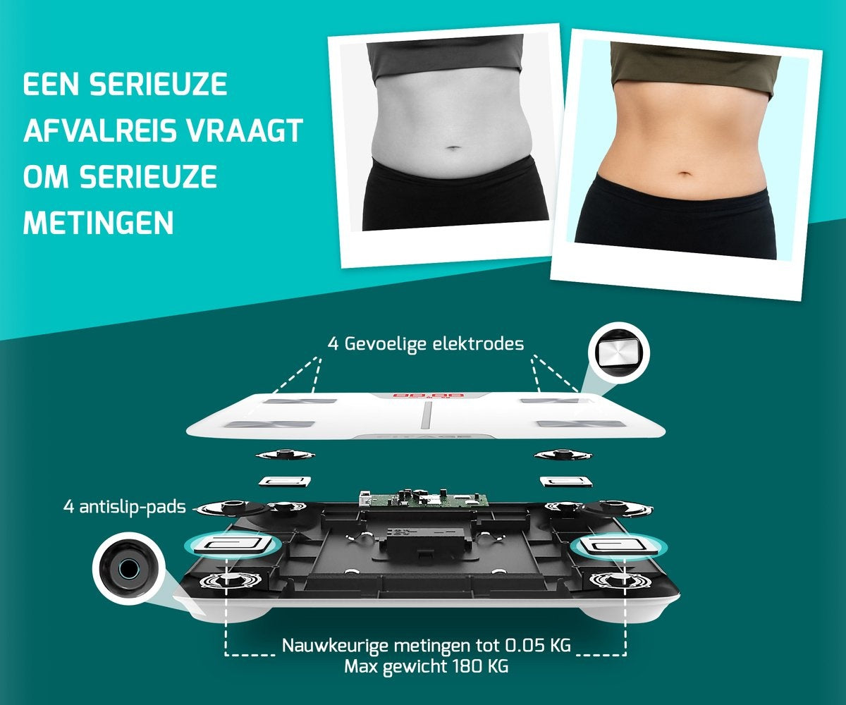 FITAGE Smart Scale met app meet 17 lichaamswaarden - Wit