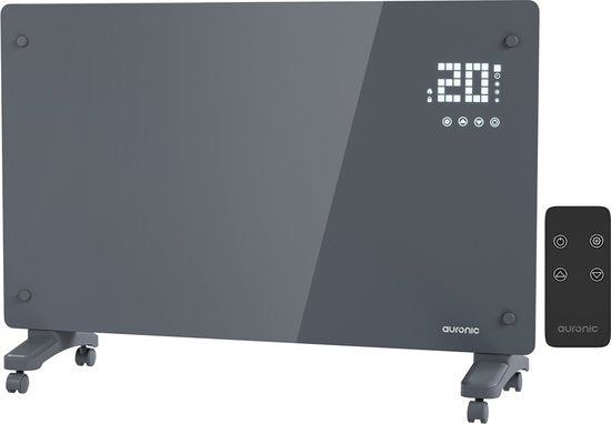 Auronic Elektrische Kachel – Convectorkachel met Thermostaat en Afstandsbediening - Glazen Paneelverwarming - 2000W Heater - Grijs