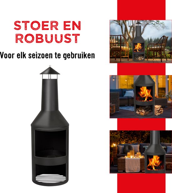BBQ Collection Buitenhaard met Schoorsteen - Tuinhaard 134 x 44,5 x 44,5 cm - Terrashaard voor Brandhout - Terraskachel met As-Opvangbak, Pook en Houtopslag - Tuin en Terras - Carbon Staal