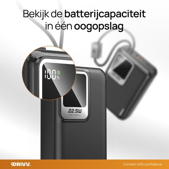 Drivv. Powerbank 20.000 mAh - Met Ingebouwde 8 pin & USB C Kabel - Inclusief 60W Oplaadkabel - 22.5W Snellaadfunctie - USB / USB C - Noodpakket