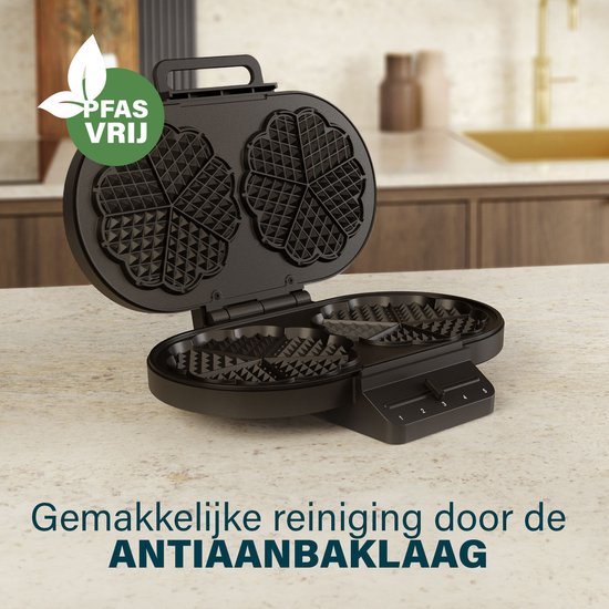 Princess 132384 Dubbel Wafelijzer - 10 hartvormige - 1200W - Regelbare thermostaat- 5 standen - Anti aanbaklaag - PFAS-vrij - Zwart - Gaufrier