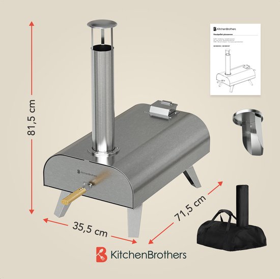 KitchenBrothers Pizza Oven - Houtgestookt - Tafelmodel - Met Beschermhoes - Inklapbaar - Pizzasteen - tot 460°C - RVS - Complete Set - Pizzaoven voor Buiten - RVS