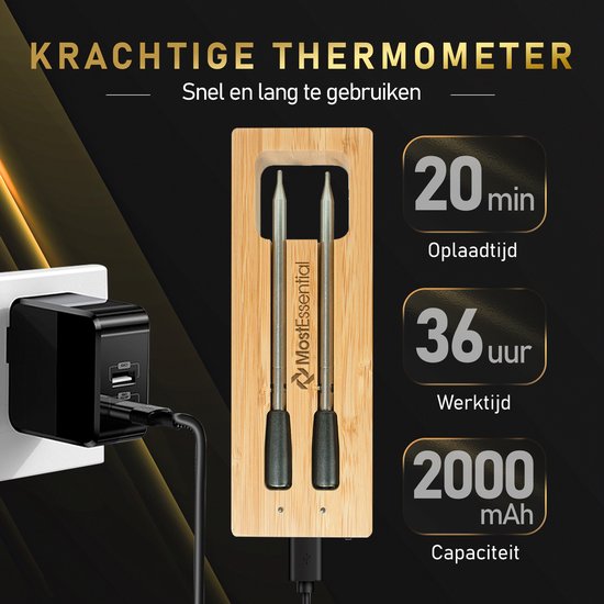 MostEssential Smart Vleesthermometer - Draadloos - 80M Bereik - 36 Uur Werktijd - Bluetooth 5.2 - 2000mAh Batterij - Double Probe Edition
