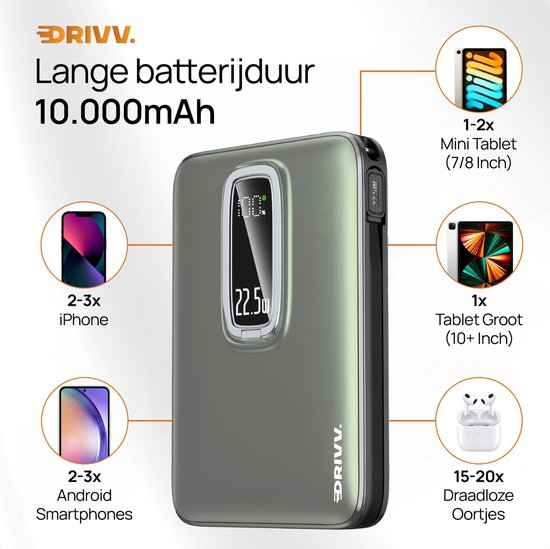 Powerbank 10.000 mAh geschikt voor MagSafe met USB C Kabel - 3 in 1 Ontwerp - 22.5W Draadloze Powerbank - Inclusief 60W Oplaadkabel - Snellaadfunctie - USB & USB C - Zwart -