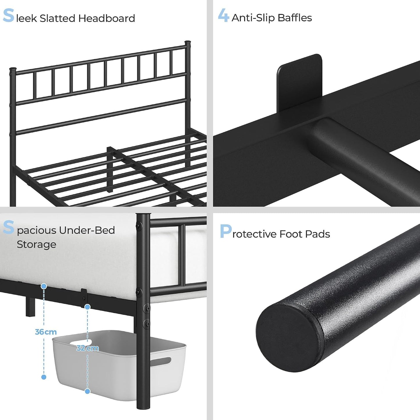 Yaheetech Bedframe 4ft6 - 500 kg - Met Hoofdbord - 32 cm Onderbedopslag - Zwart