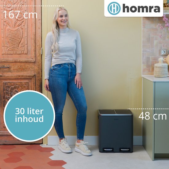 Homra BLINQ Afvalscheiding prullenbak met 2 vakken - 2 x 15 L inhoud - Duo pedaalemmer Grijs - Afvalemmer 30 Liter - Recycle Afvalbak - Grijze Afvalscheidingsprullenbak - Hygiënisch Afval Scheiden - Keuken Vuilbak - Kantoor
