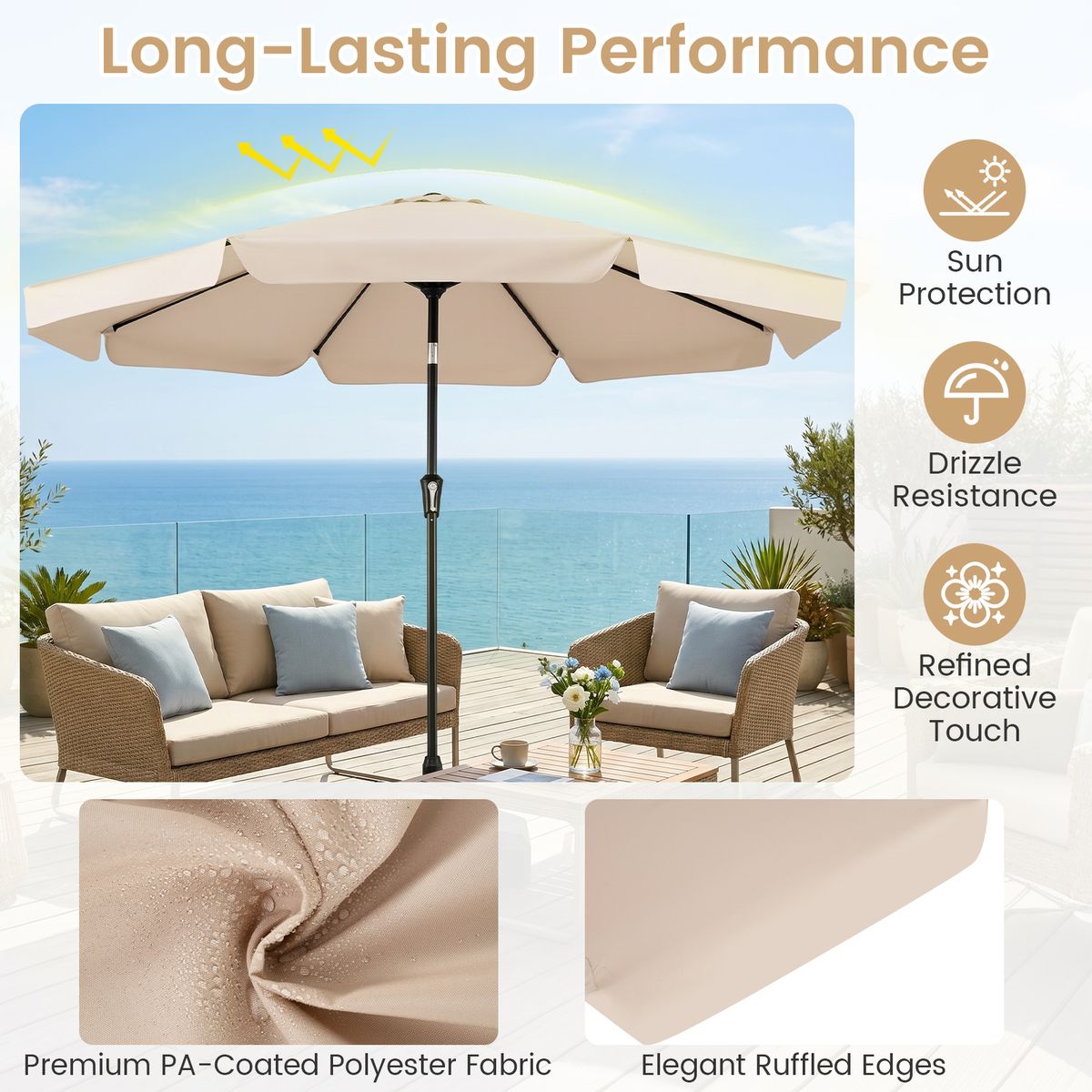 Coast parasol kantelbaar - 3 meter diameter - metalen stok - beige