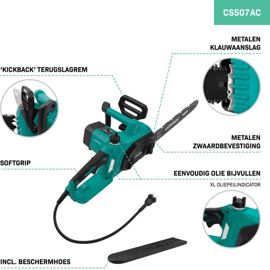 VONROC Elektrische Kettingzaag 2000W – Zwaardlengte: 40 cm – Kettingsnelheid: 15 m/s – Zelfsmerende ketting