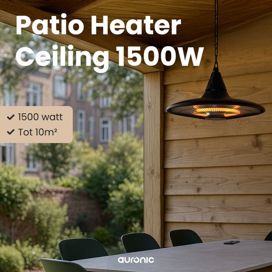 Auronic Terrasverwarmer - Infrarood Verwarming - Hangend - 10m2 - Elektrisch - 1500W - Afstandsbediening - Zwart
