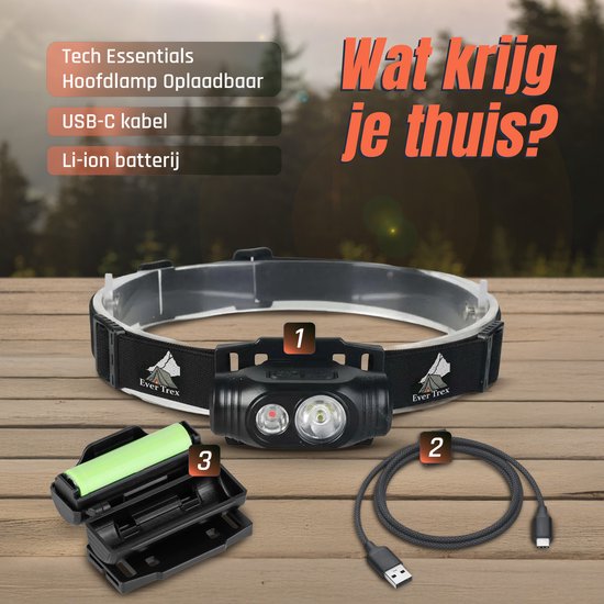 Ever Trex Ultra Light Hoofdlamp LED Oplaadbaar - Wit En Rood Licht - 150Lumen - Kantelbaar - Hardlopen - Noodpakket - Kamperen - Camper