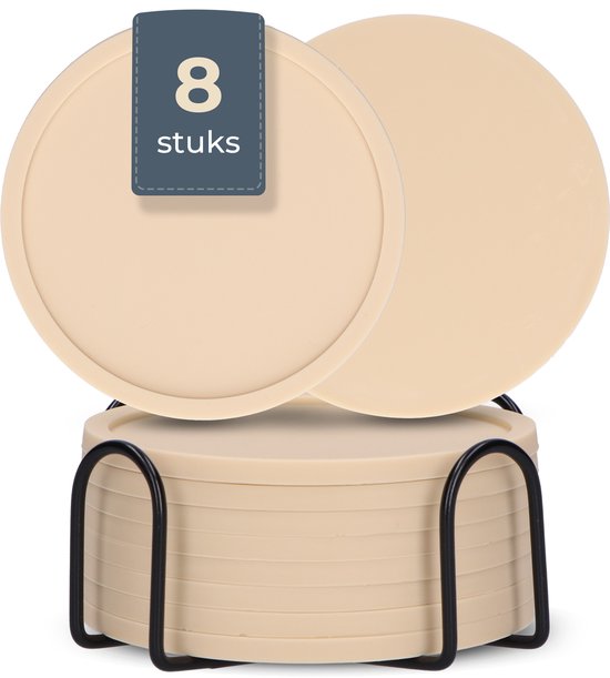 Castagnola Siliconen Onderzetters – Onderzetters voor Glazen – Design Onderzetters met Houder – Onderzettersset – Anti Slip - Set van 8 – Beige