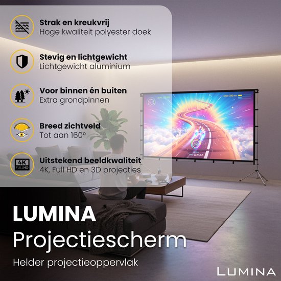 Lumina® Projectiescherm 100 inch – Beamer Scherm met Statief – Kreukvrij – Opvouwbaar – Met Draagtas – Voor Binnen & Buiten