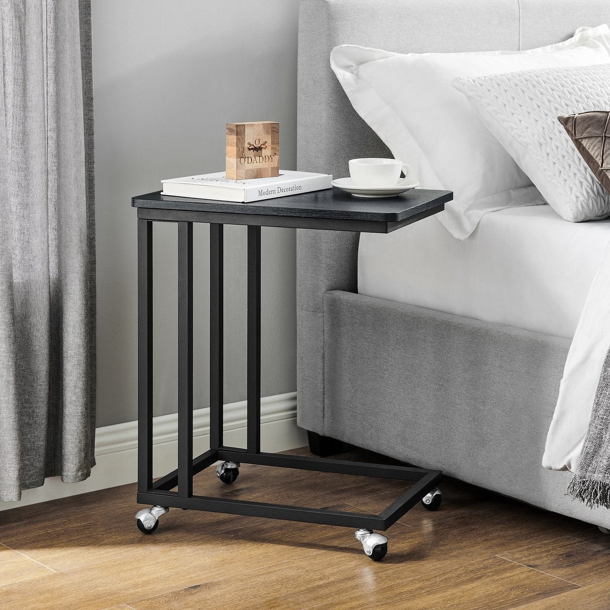 O'DADDY® Bijzettafel - bijzettafels - bijzettafel metaal met hout - bijzettafeltje - tafeltje - salontafels - bijzettafel zwart - bedtafeltje met wielen - bijzet tafel wielen - sidetable - bijzettafels met wielen - 50 x 35 x 55 cm - zwart - grijs
