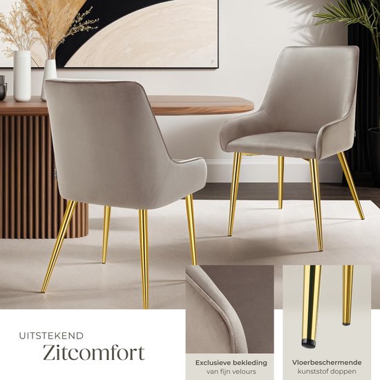 tectake® Eetkamerstoel Avane - Fluweeloptiek - Ergonomische gestoffeerde stoel met gouden stalen poten - Draagkracht 120 kg - Moderne eetkamer- en keukenstoel - Set van 2 - Taupe