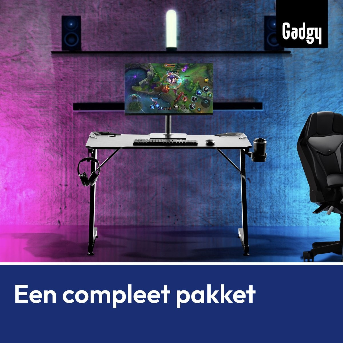 Gadgy Game Bureau Carbon - Gaming Bureau 110 CM Breed - Gaming Desk met Carbon Details - Gaming Tafel met Koptelefoonhouder, bekerhouder & kabeltunnel - Level Up Gamen met Gadgy - Zwart Carbon