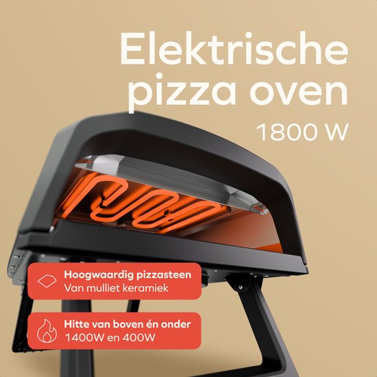 KitchenBrothers Pizza Oven - Elektrisch - Tafelmodel - PFAS-vrij - Inklapbaar - Pizzasteen - Pizza maker - Pizzaoven voor Buiten en Binnen - Zwart/Grijs