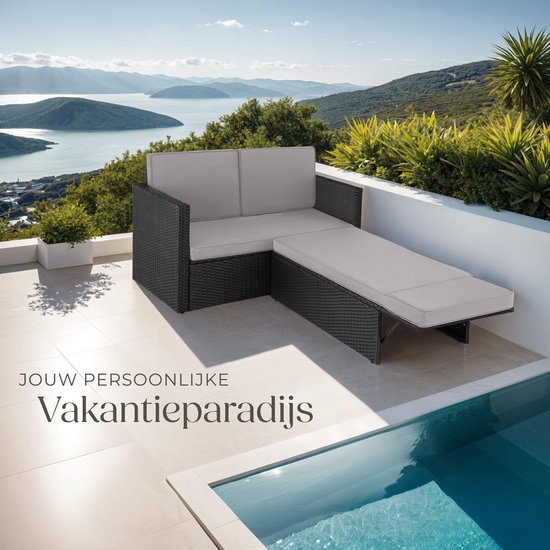 tectake® - Wicker loungesofa tuinstoel ligbed - bankstel - 2-zits fauteuil met kruk en slaapfunctie, kleine wicker bank als buitentuinmeubel, voor lounge, balkon en tuin, opvouwbaar met kussens- zwart / grijs