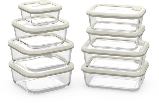Safecourt vershoudbakjes - volledig van glas (100% micro-plastic vrij) - oven, vriezer, magnetron en vaatwasser - 8 delige set