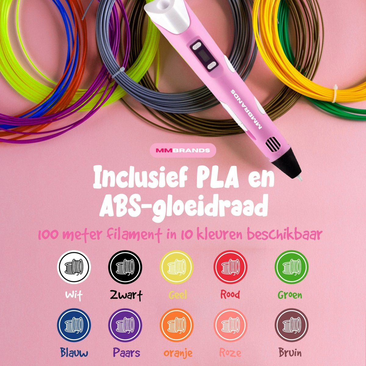 MM Brands 3D Pen Starterspakket - Inclusief 100m Filament in 10 Kleuren - Extra Lange Laadkabel - Geschikt voor ABS & PLA Filament - Roze