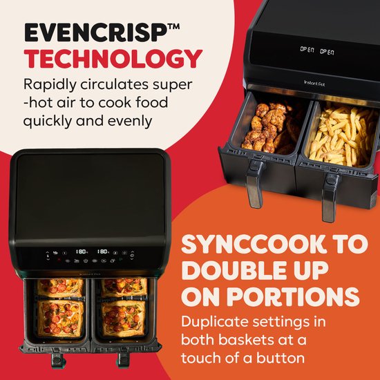 Instant Pot Vortex Dual Drawer 8L Airfryer – Dubbele Airfryer met 2x 4L Laden – SyncCook™ & SyncFinish™ – ClearCook – 8-in-1 – Tot 205°C – Vaatwasserbestendig