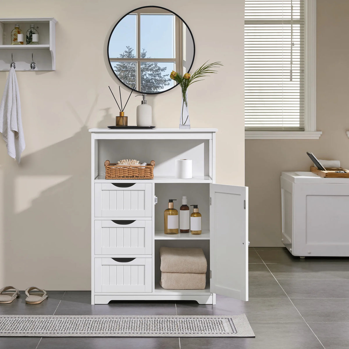 Yaheetech Badkamerkast Met 3 Lades – Voorzien Van Verstelbare Plank En Open Opbergvak En Metalen Beslag – Voor Badkamer Woonkamer En Slaapkamer – Wit Mdf En Metaal – 66 x 35 x 90 cm