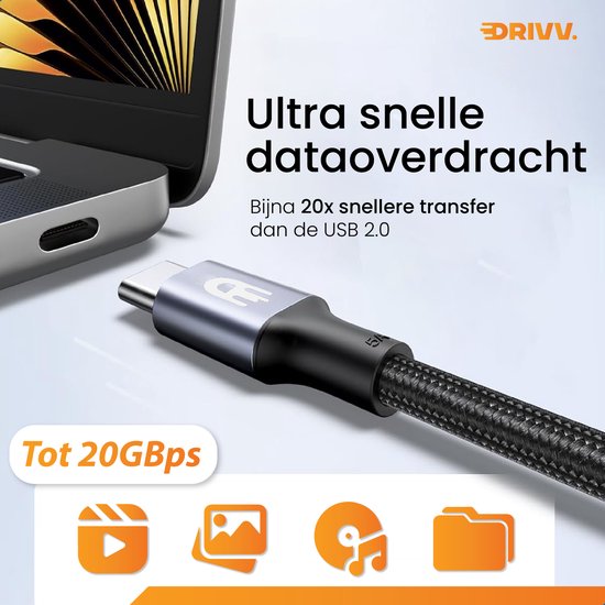 Drivv. USB C Verlengkabel 3.2 - Mannelijk naar Vrouwelijk - Fast Charge / Snellader - USB C Data en Oplaadkabel - 3 meter - Geschikt voor Samsung, iPhone 15 & Meer - Grijs
