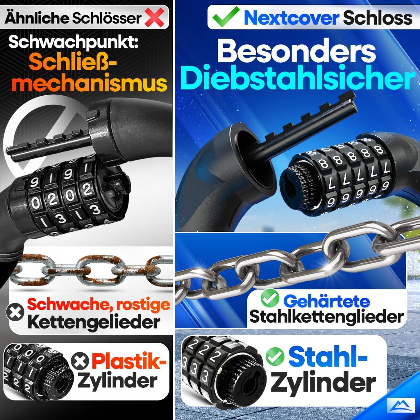 NEXTCOVER® Fietsslot LockOne met combinatiecode I - [SAFESECURE] cijferslot - Zeer Robuust - 90 cm Lang - Reflecterend