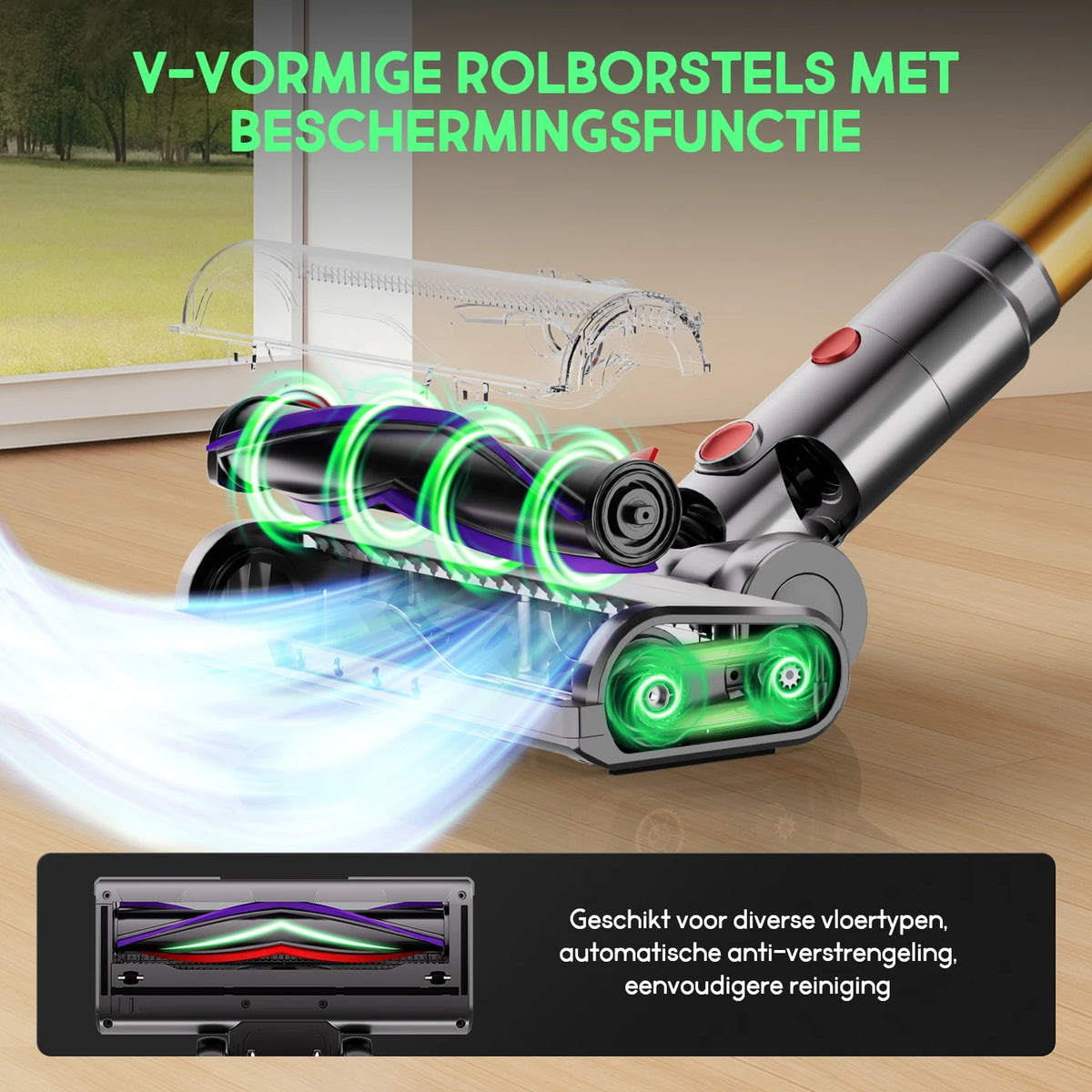 Daynee Draadloze Steelstofzuiger 65 kPa - Tot 70 Minuten Looptijd - Anti-Klit Borstel met LED - Ideaal voor Dierenhaar - Goud