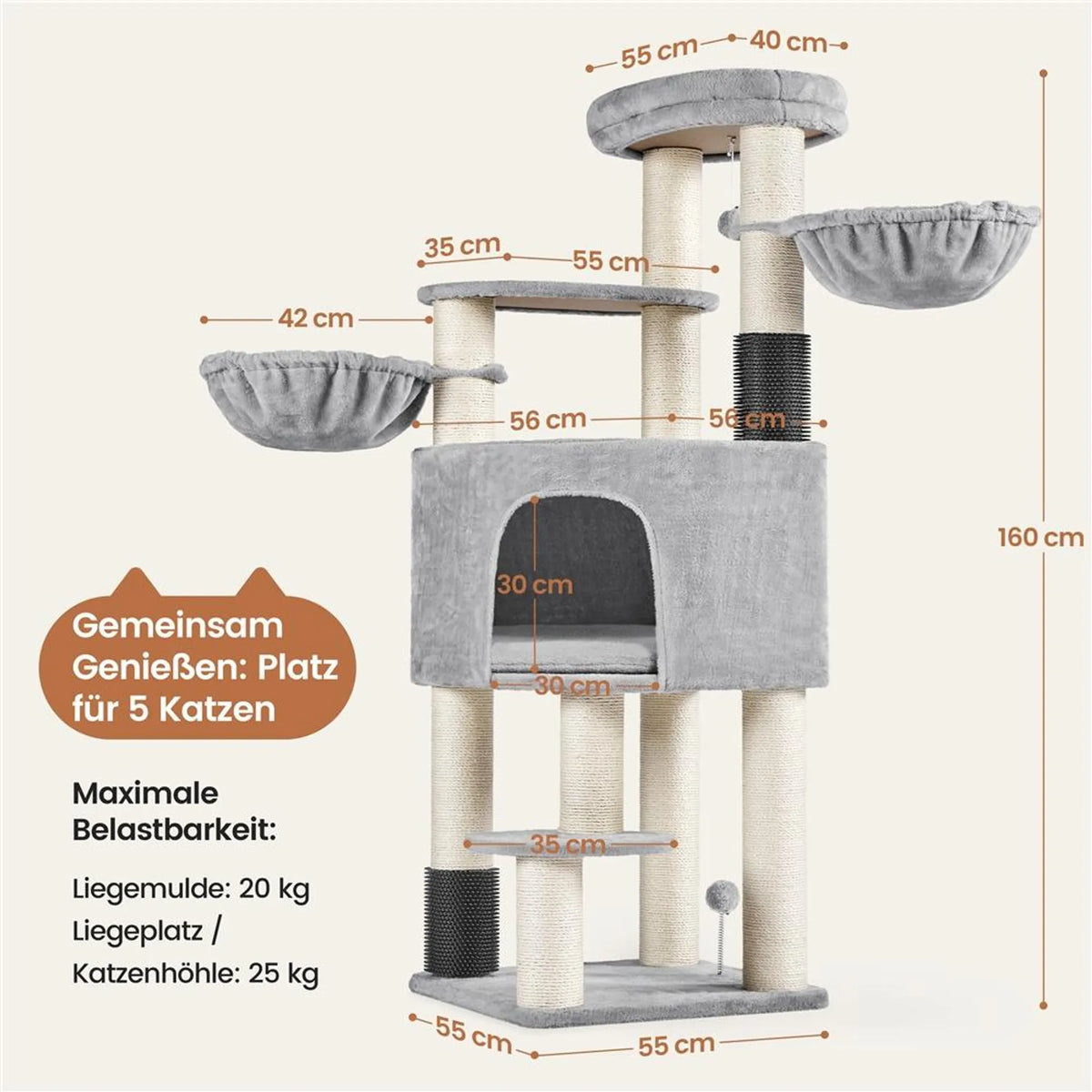 Yaheetech Krabpaal 160 cm H - ⌀11 cm Sisalstammen, Platforms & Kattenholen - Lichtgrijs & Beige