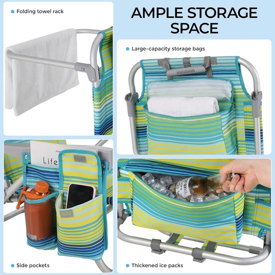 Luxe Strandstoel Set van 2 - Verstelbaar (5 Standen) - Inklapbaar met Rugzakbanden, Koeltas & Handdoekrek - Groen/Blauw Gestreept