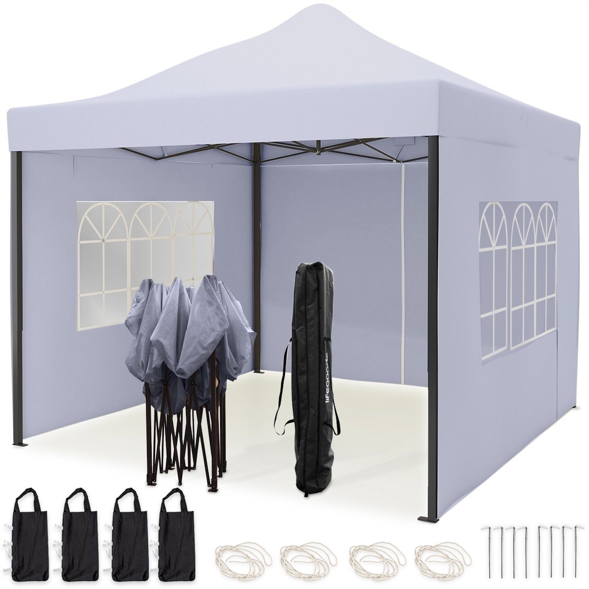 LifeGoods Partytent - Paviljoen - EasyUp - Opvouwbaar - 4 Zijwanden - Waterdicht - Met Draagtas met wieltjes - 292 x 292 cm - Donkergrijs