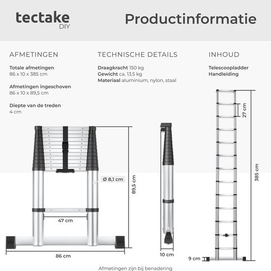 tectake® Telescoopladder met 13 Sporten - Vouwladder - 3,85 Meter - Soft Close - Anti Slip - Uitschuifbare Telescopische Ladder - Trapladder - Lichtgewicht Aluminium Trap - Betrouwbare Vergrendeling